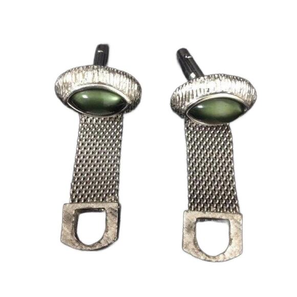 Vintage Green Moonstone Mesh Cufflinks, Gifts for Him - Picture 4 of 9